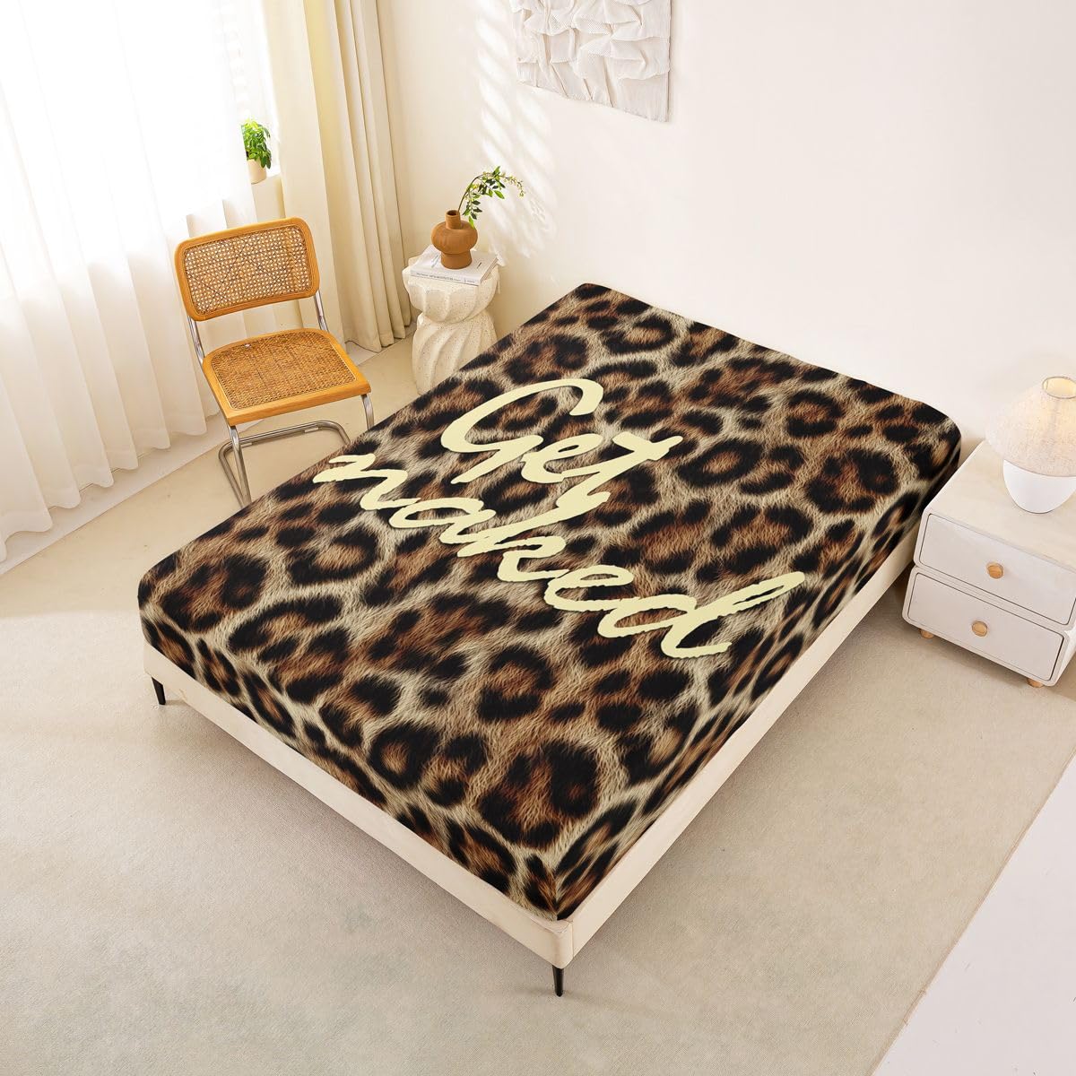 Feelyou Leopard Print Get Naked Fitted Sheet with 2 Pillowcases Full Size Funny Quotes Bed Sheets Set 16" Deep Pocket Boys Girls Brown Bedding Cheetah Teens Bedroom Decor Soft Lightweight Microfiber