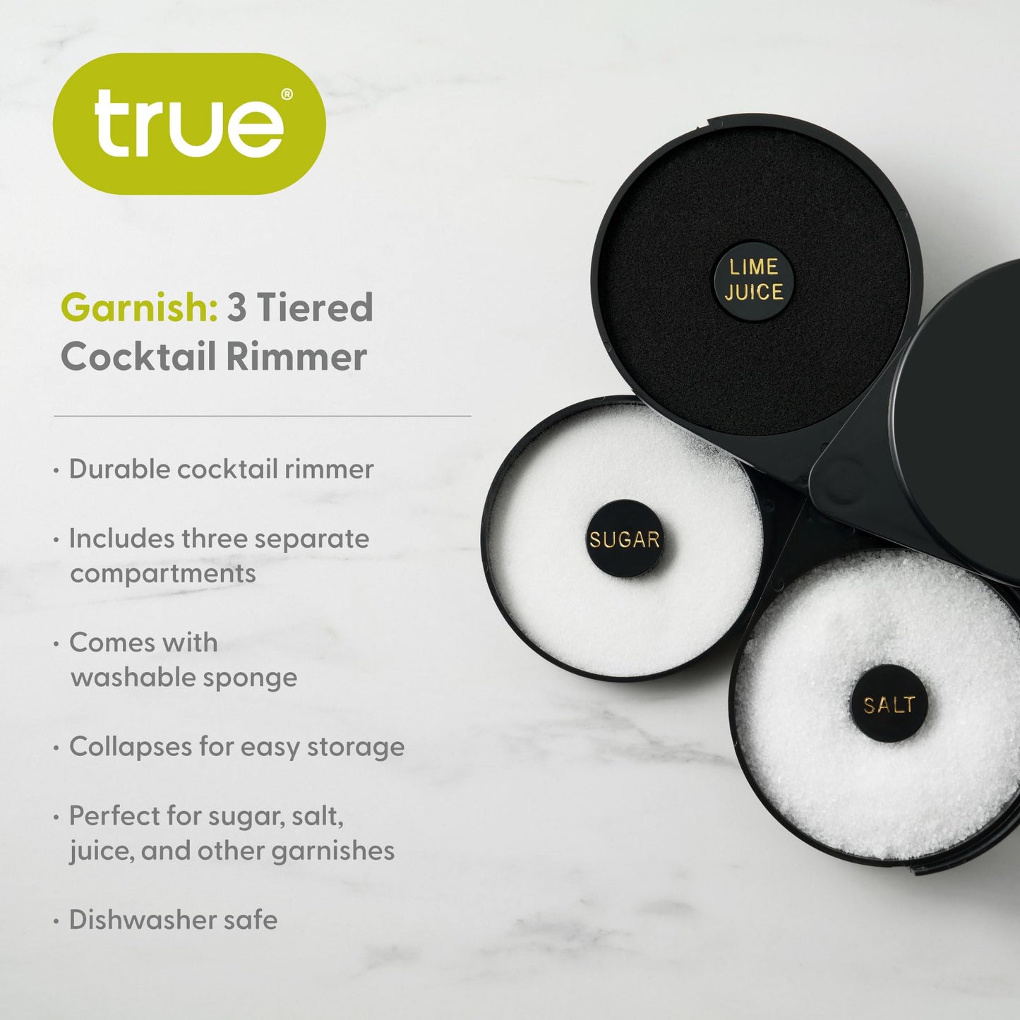 True 3-Tiered Cocktail Rimmer – Salt, Sugar, & Lime Juice Garnishing Tool – Dishwasher Safe for Home Bars - Bartender Accessory, Home Bar Supplies - Set of 1