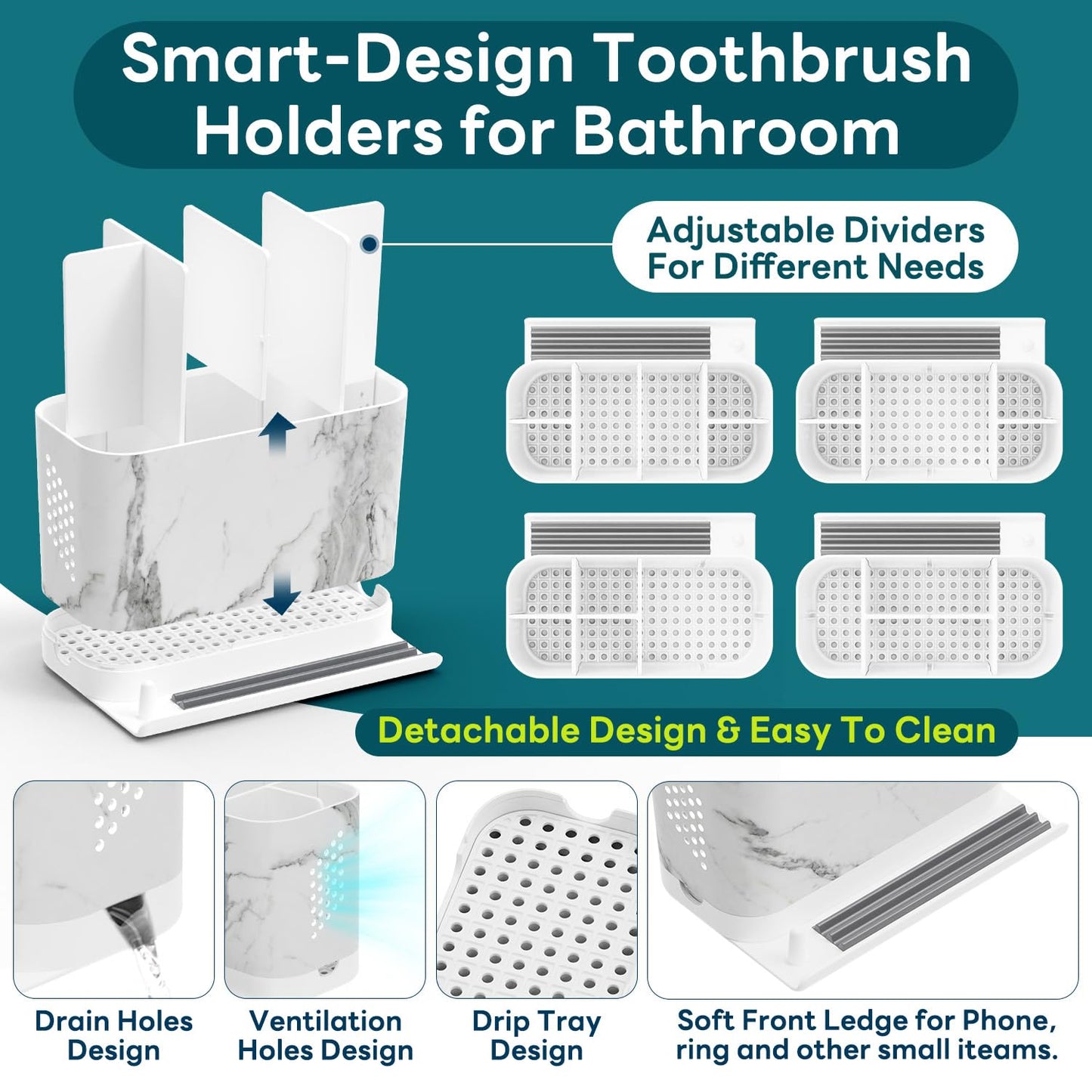 Toothbrush Holders, Toothbrush Caddy with Front Ledge and Cord Slots, Detachable Tooth Brush Holder for Bathroom Countertop, Shower, Vanity, Large Capacity 6 Slots Marble Bathroom Accessories