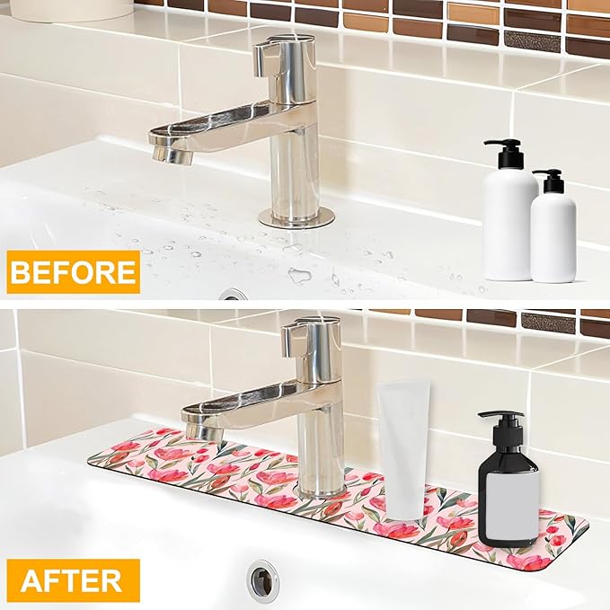 2 Pack Watercolor Tulips Sink Faucet Absorbing Mat Pink Tulips Super Absorbent