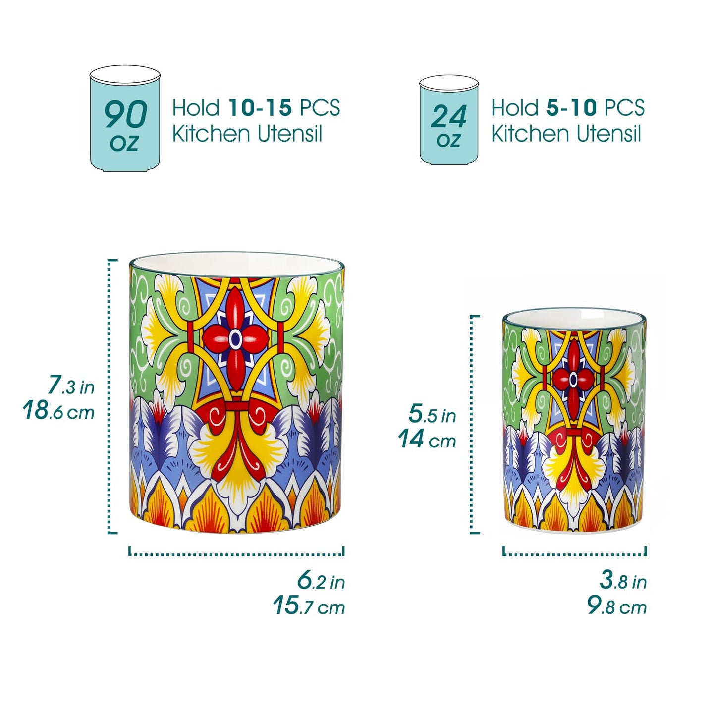 vancasso SIMI Utensil Holder, 7.3"+5.5" Porcelain Kitchen Utensil Holder for Countertop, Bohemian Kitchen Utensil Organizer for Spatulas, Spoons, Ladles, Decorative Counter Utensil Crock, Golden Bloom