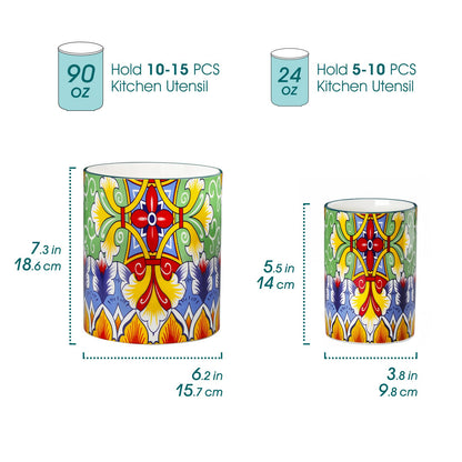 vancasso SIMI Utensil Holder, 7.3"+5.5" Porcelain Kitchen Utensil Holder for Countertop, Bohemian Kitchen Utensil Organizer for Spatulas, Spoons, Ladles, Decorative Counter Utensil Crock, Golden Bloom