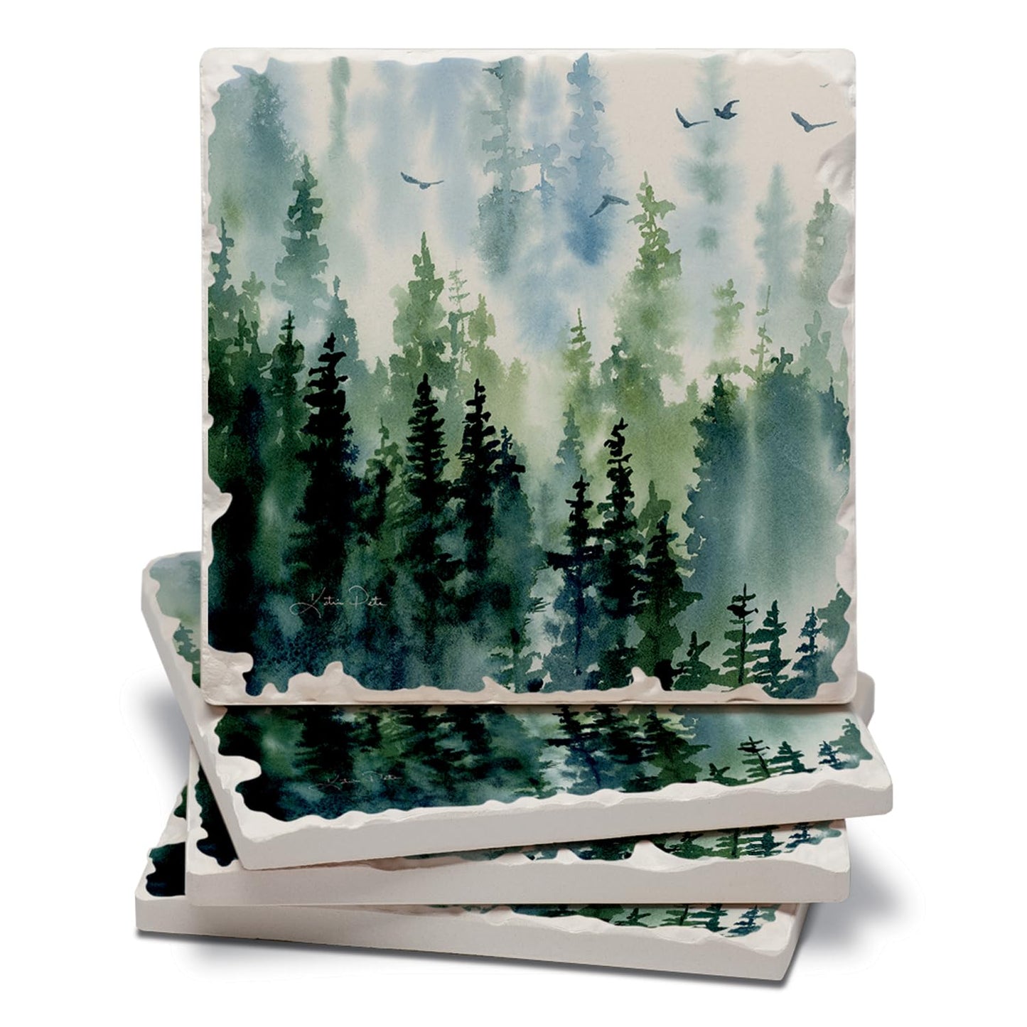Thirstystone Tree Line 4 Pack Assorted Tumbled Tile Stone Coasters with Protective Cork Backing 4" Square Manufactured in The USA