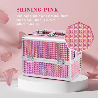 Joligrace Makeup Box Vanity Case Cosmetic Organiser Box Beauty Storage Train Case with Mirror, Lockable with Keys, Holographic Pink