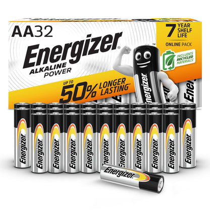 Energizer Alkaline Power - AA Batteries (32 Pack) - Double A Battery 1.5V - Up To 50% Longer Lasting - For Everyday Devices - 100% Recyclable Packaging - 7 Year Shelf-Life [Amazon Exclusive]