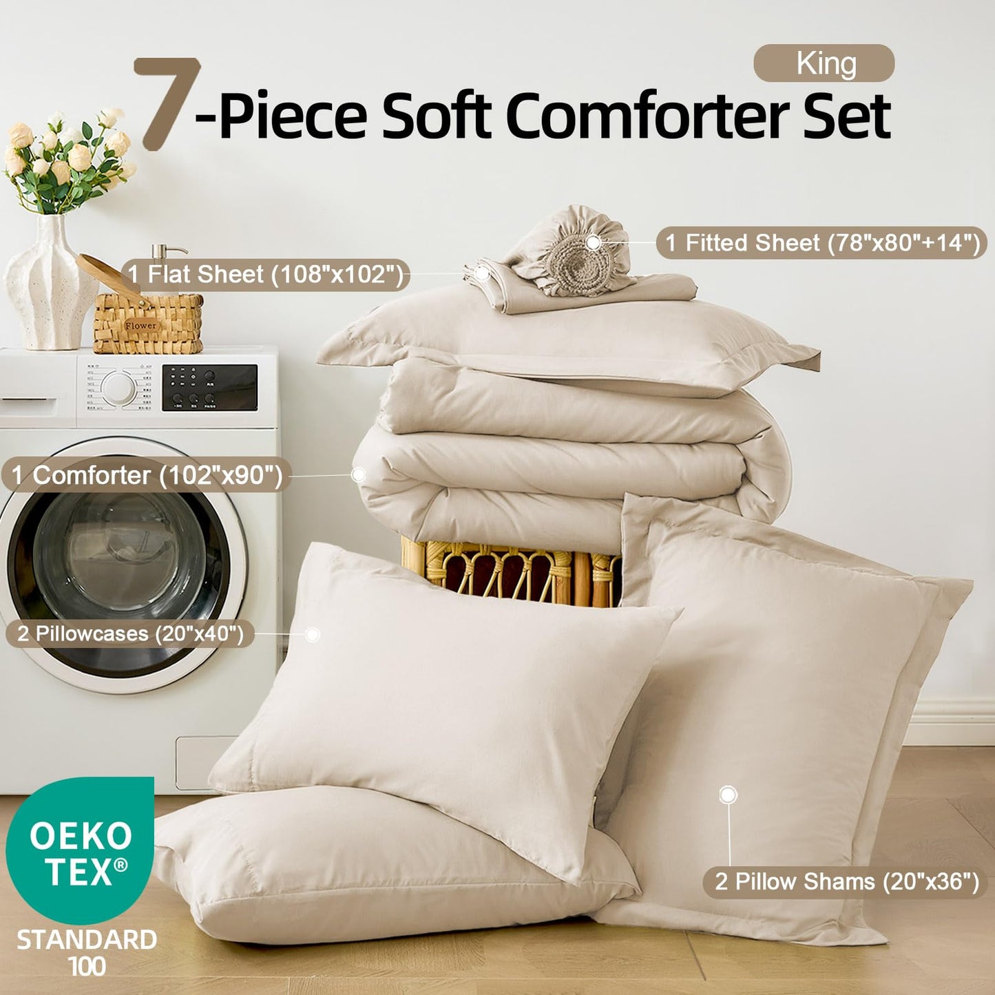 FUANNA King Size Comforter Sets Beige, 7 Pieces Soft Bedding Set, All Season Lightweight Bed in a Bag with Comforter, Flat Sheet, Fitted Sheet, Pillowcases & Shams