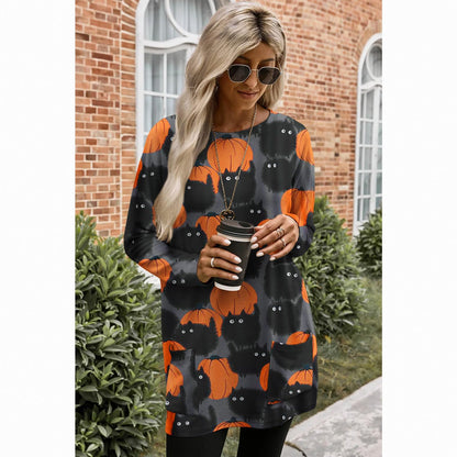 BOUTIKOME Womens Halloween Pumpkin Sweatshirt Black Cat Long Sleeve Crewneck Pullover Shirts with Pocket Tunic Tops (Dark Grey, X-Large)