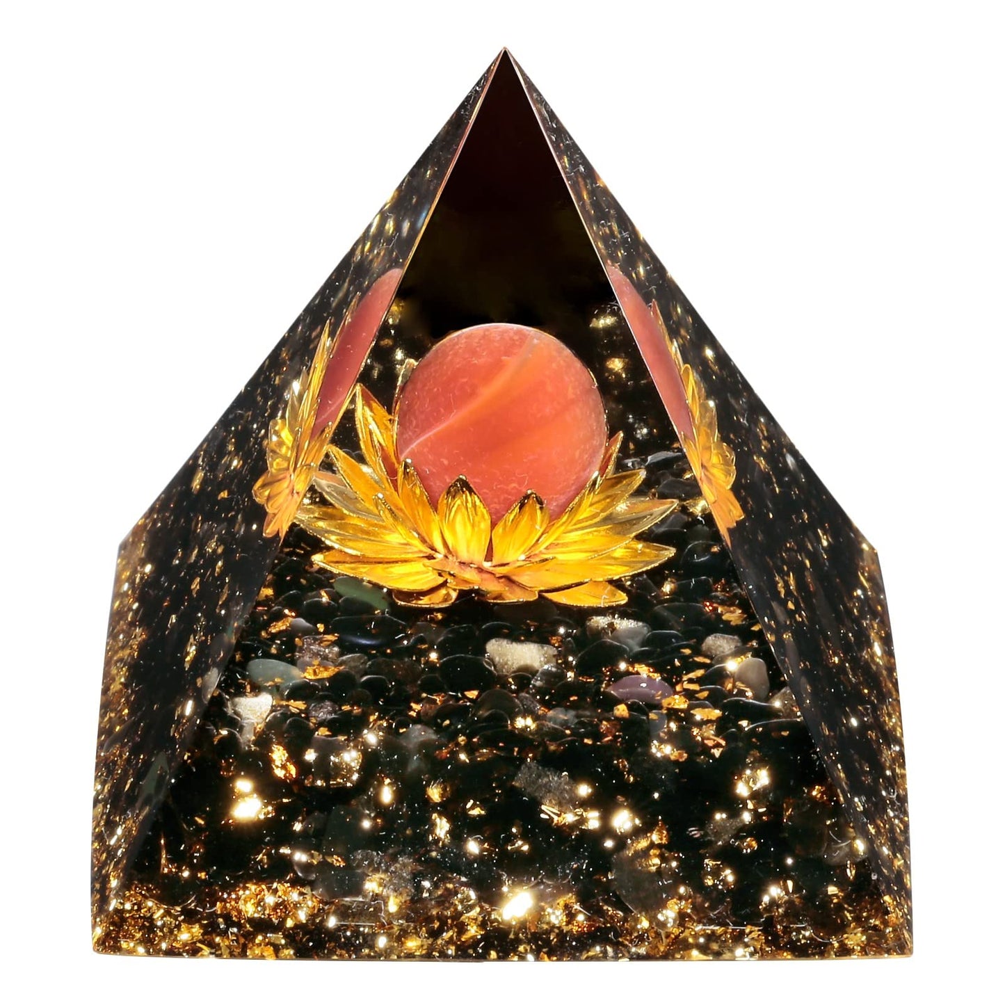 SUNYIK Crystal Sphere Orgone Pyramid with Black Obsidian Tumbled Stones and Golded Lotus Base Energy Generator for Meditation Office Home Decoration, Carnelian Stone