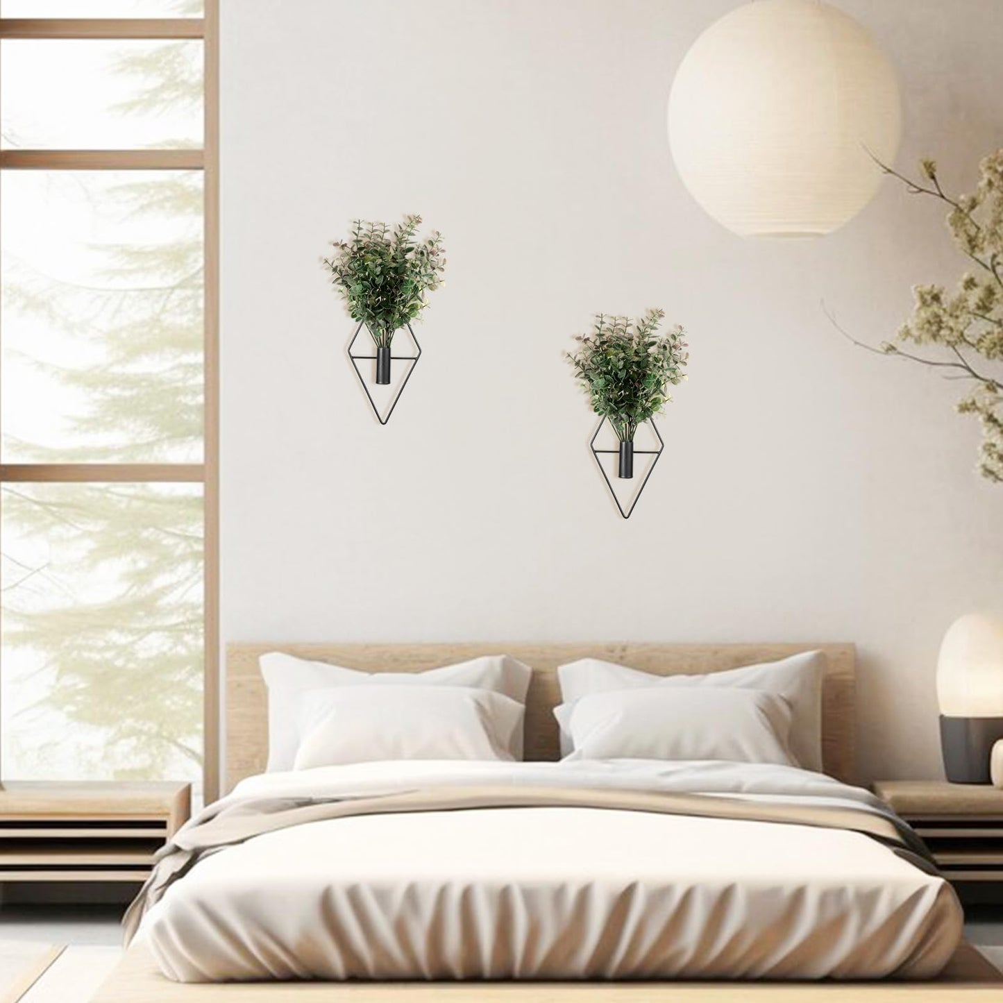 2 Pcs Hallway Decor Hanging Planters, Artificial Eucalyptus Wall Plants with Modern Geometric Design, Black Boho Wall Decor for Indoor Spaces, Stylish Home Accent for Living Room, Hallway & Bedroom