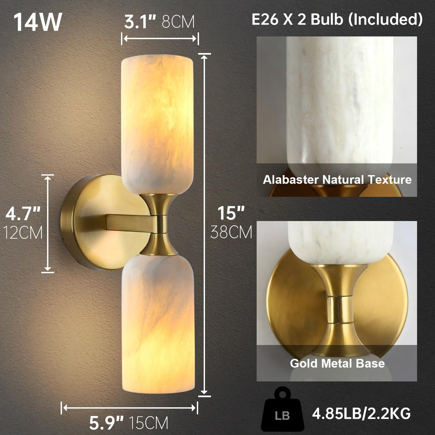 YMDHFS Natural Alabaster Wall Sconce Light Marble Wall Light Bathroom Vanity Sconce Mid Century Stone Wall Mount Light Gold Wall Light Fixture for Bedroom Living Room Kitchen Cafe Stairs