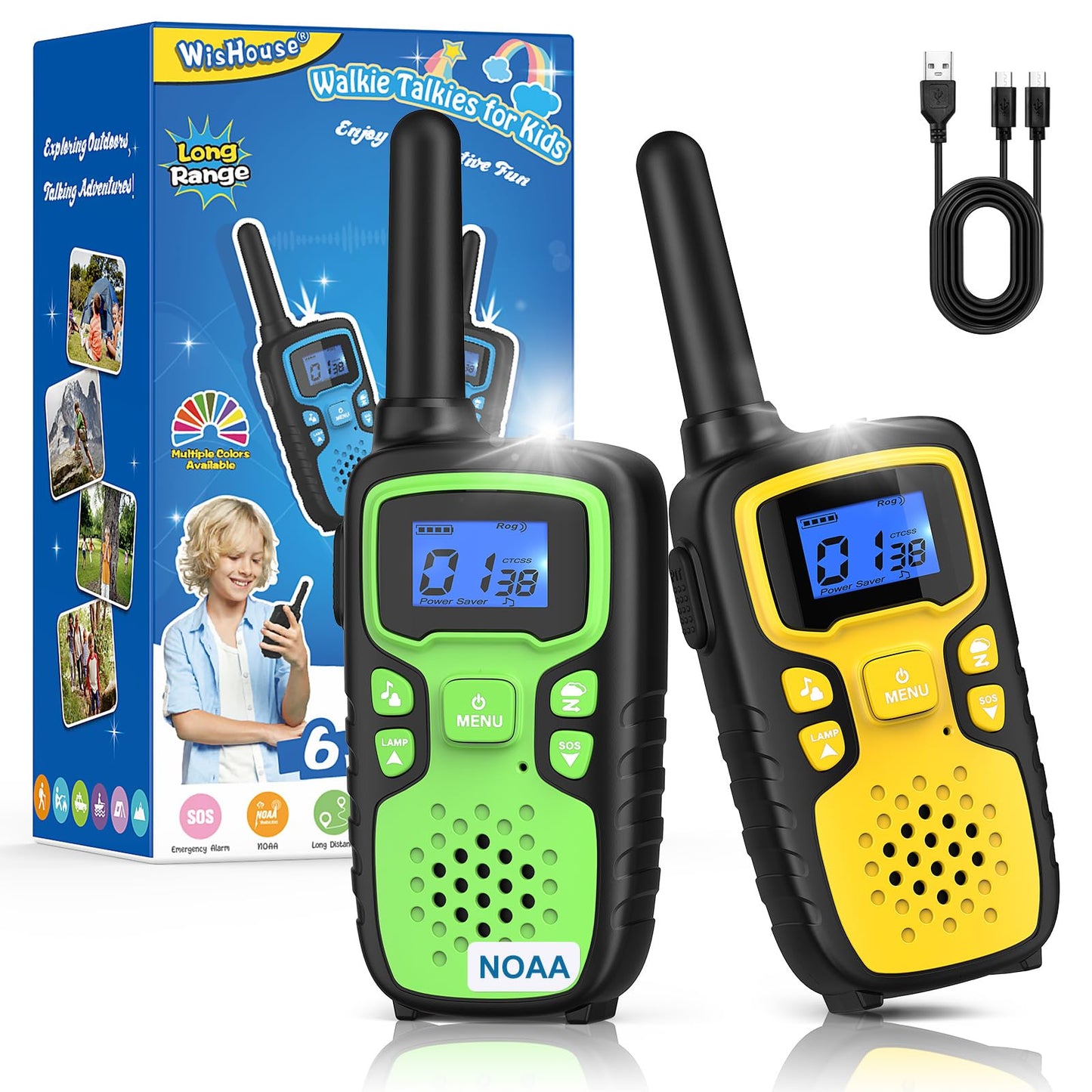Wishouse Walkie Talkies for Kids Rechargeable Long Range,Xmas Birthday Gift for 4 5 6 7 8 9 Year Old Boy Girl,Hiking Gear Camping Games Cool Toys with NOAA,SOS Siren,Lamp,Lanyards,2 Pack Yellow Green