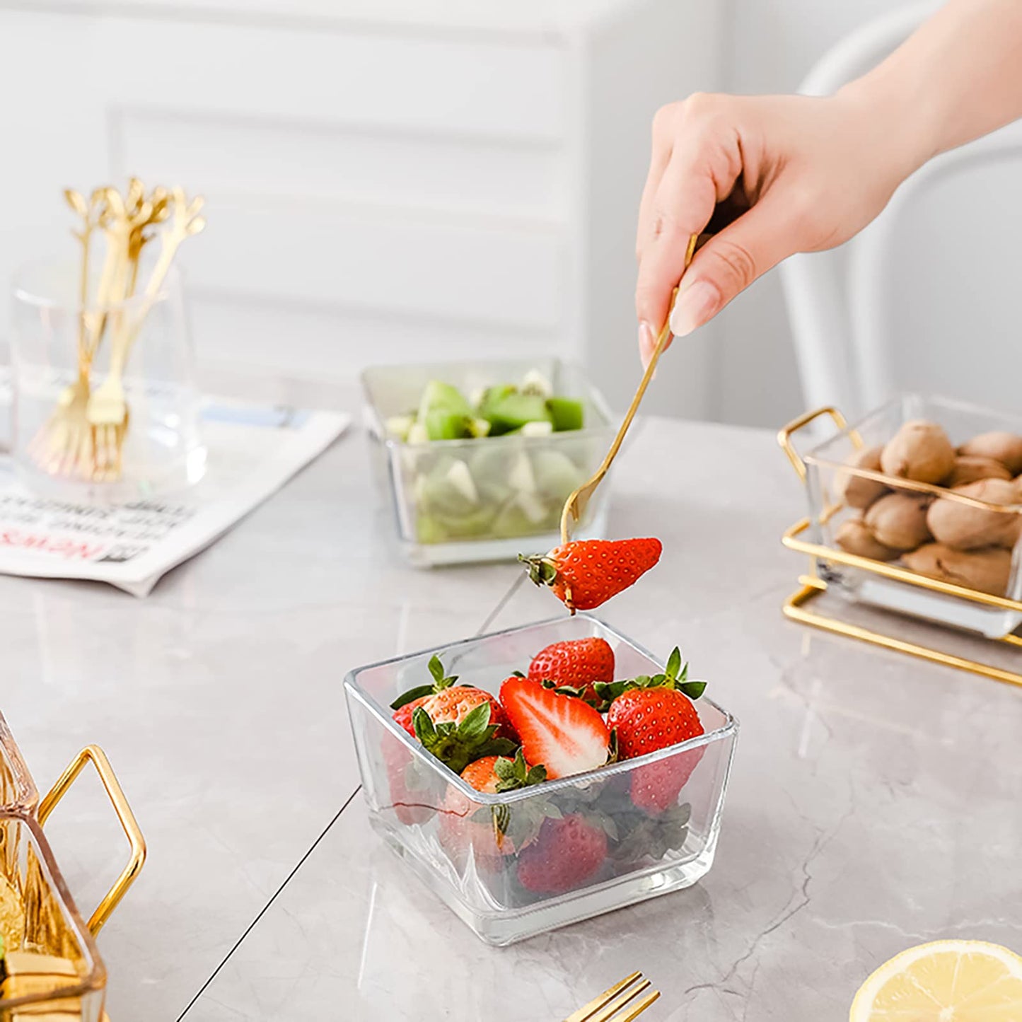 6 Clear Glass Serving Bowls Set with Gold Metal Rack Tray, Removable Condiment Dishes Serving Bowls Buffet Server Food Display Relish Tray for Fruit Dessert Appetizer Nuts Snacks Candy Chip Dip Bowl