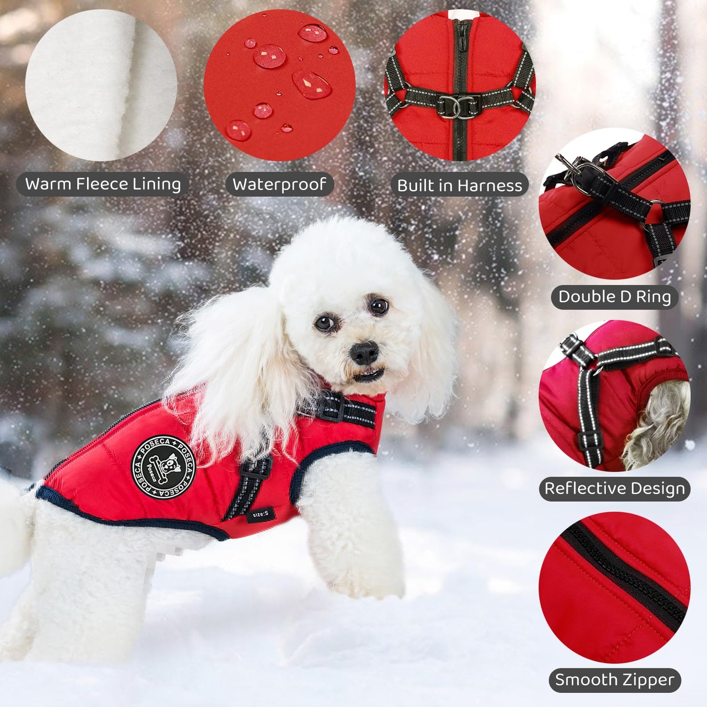 Poseca Dog Coat with Harness,Dog Coats Waterproof,Small Dog Harness Jacket,Puppy Winter Fleece Jackets,Winter Waterproof Coat with Reflective Harness and Zipper for Small Medium Large Dogs