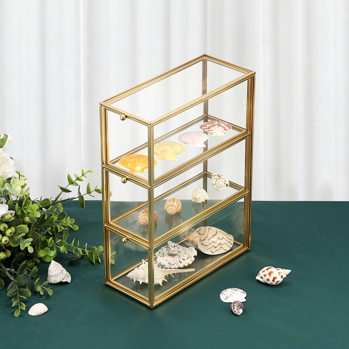 JUXYES Tabletop Brass Glass Rock Display Case with 3 Drawers - Modern Clear Rocks Collections Display Case Box - Gold Dust Proof Case Small Shelf for Collectible, Mineral Crystal, Rock, Stones
