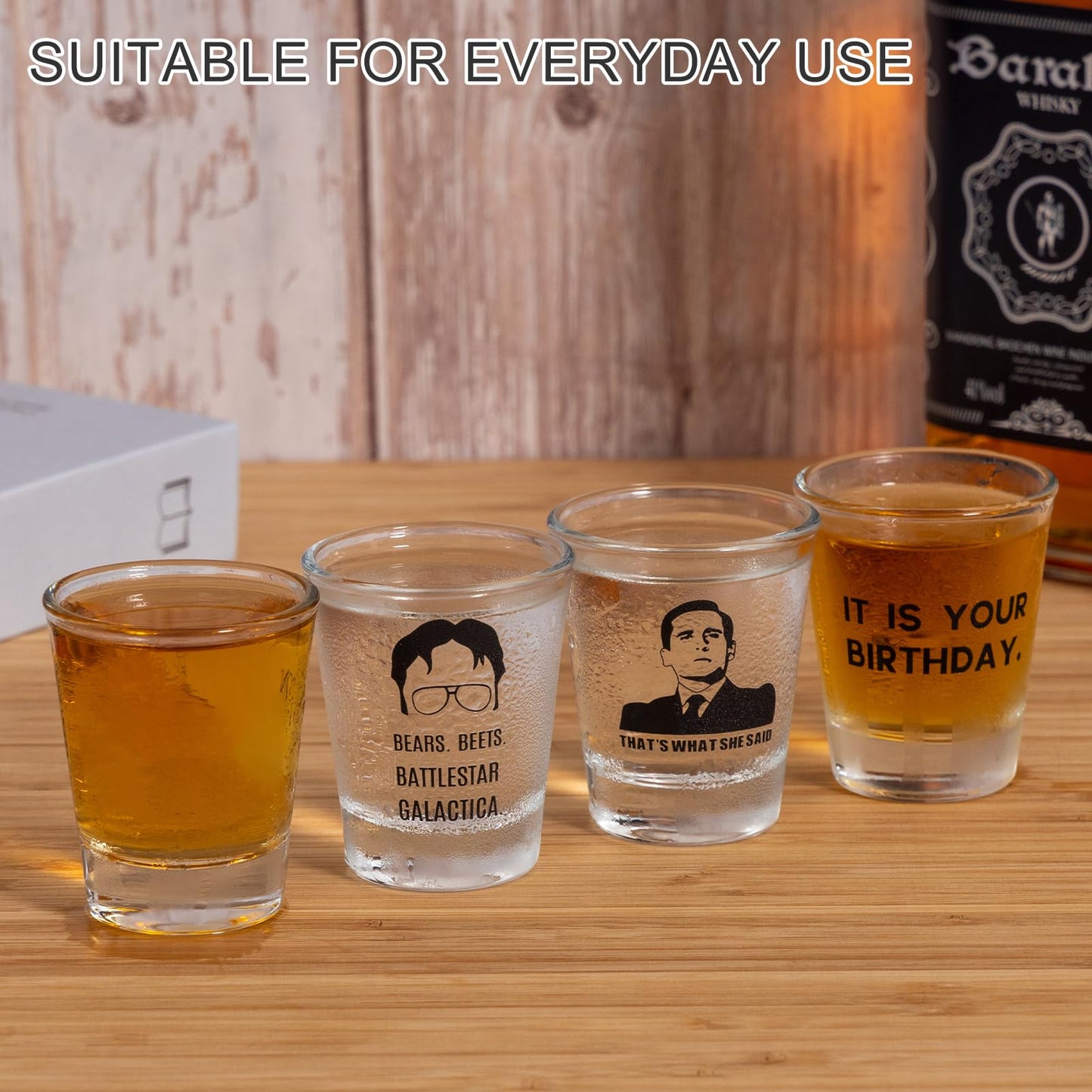 PuGez The Office Shot Glass Gift Set of 4, TV Show Merchandise, Keepsake for Fans Lovers, Birthday Presents for Men/Women,1.5 oz