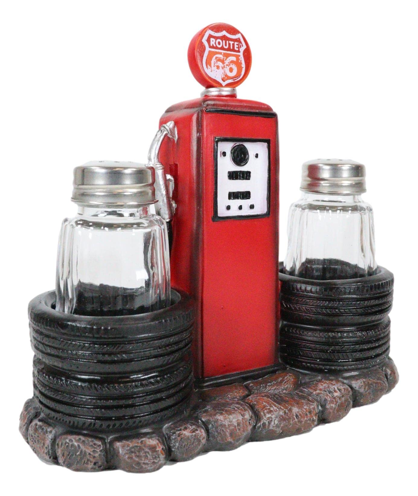 Ebros Gift Vintage Nostalgia Route 66 Highway Stop Old Fashioned Red Gas Pump Station Salt And Pepper Shaker Holder Figurine Cross Country Road Trip Lovers Kitchen Accent