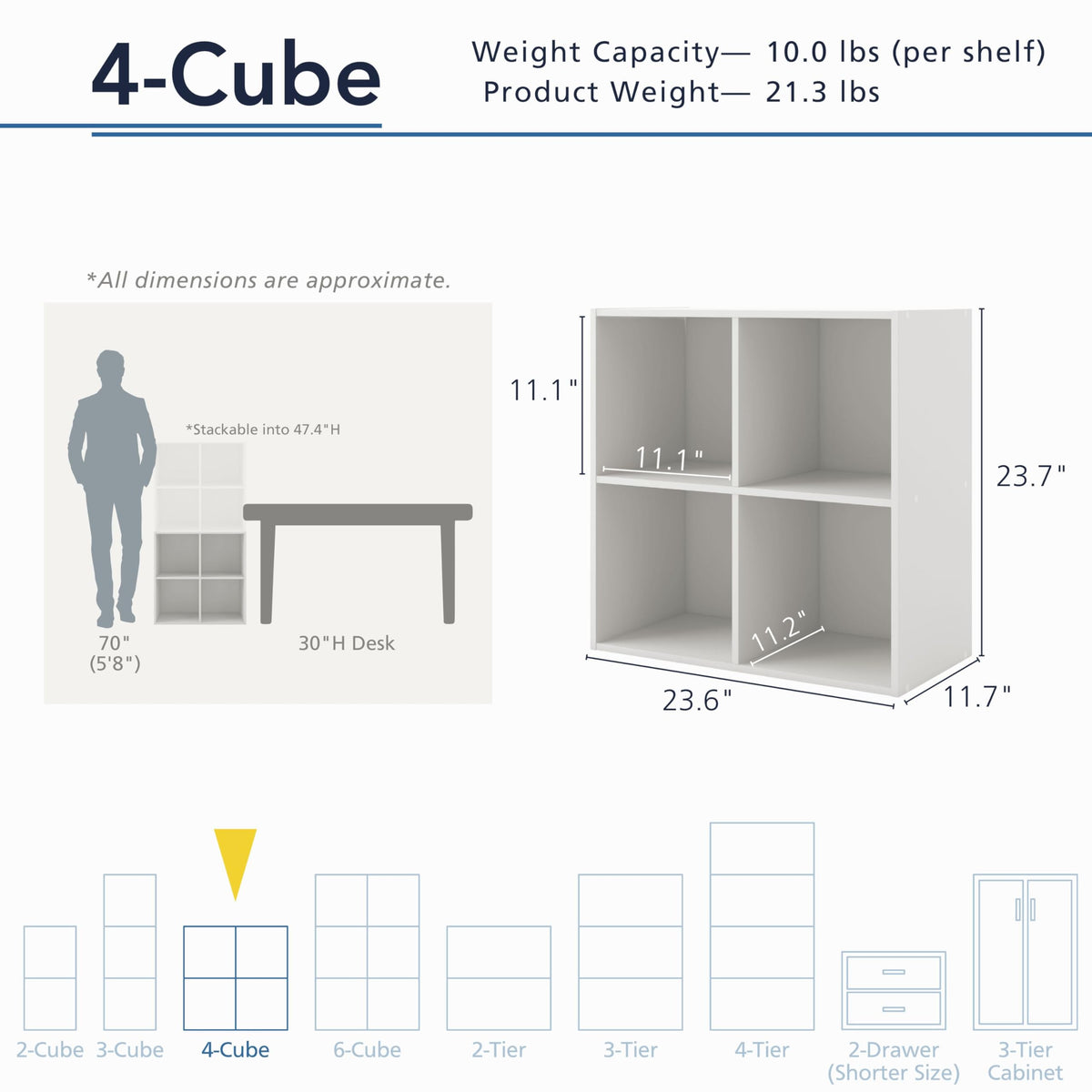 Homes: Inside + Out Apexa 4-Cube Storage Organizer Shelves, Stackable Wood Bookcase Fits Cubby Bins for Organization, Dorm Teen Room Decor & Home Office, White