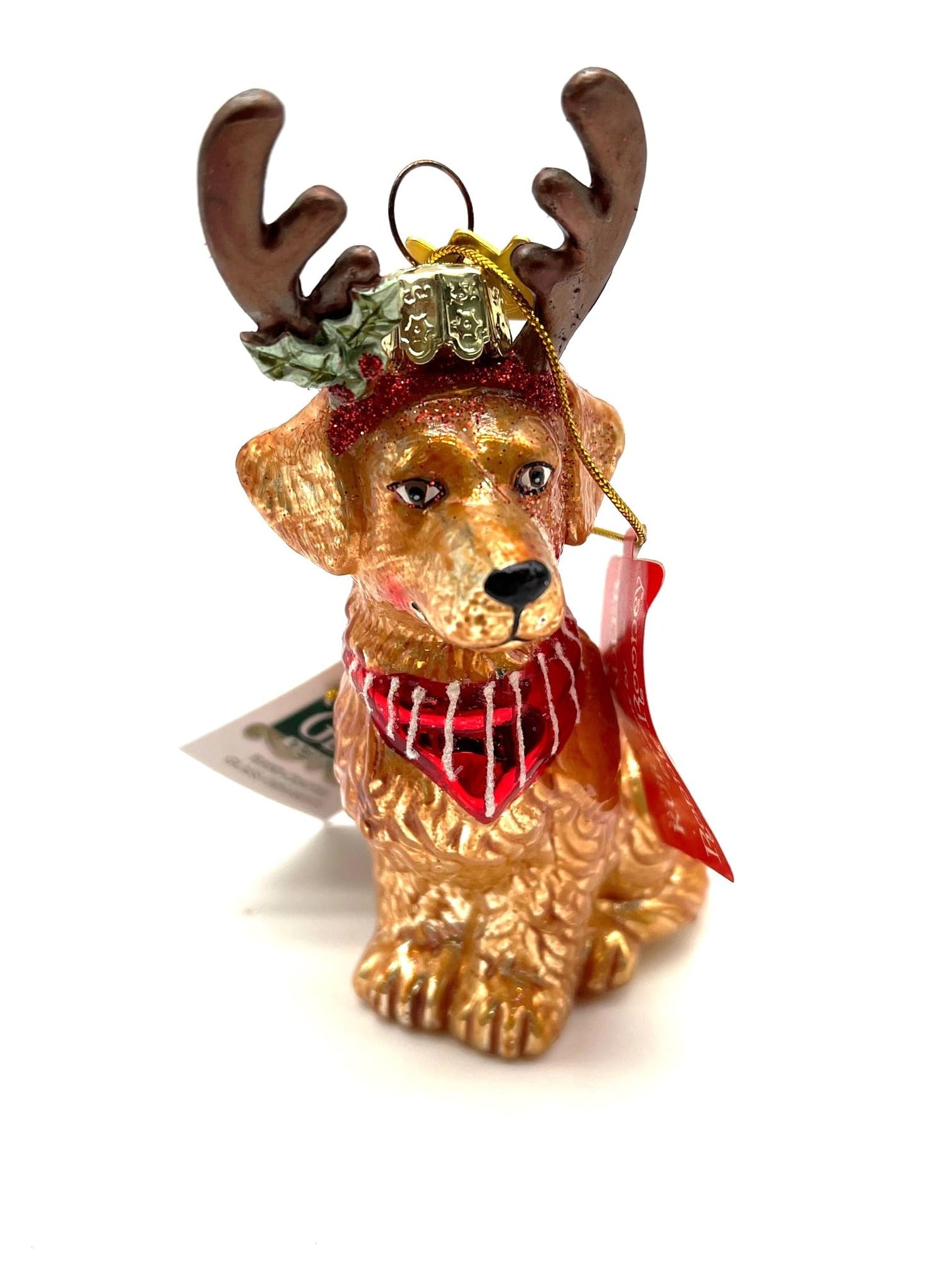 Noble Gems Golden Retriever with Antlers Glass Ornament