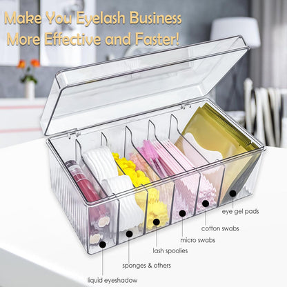 EOREA Acrylic Lash Extension Organizer with Lid, 6 Compartment Lash Cart Storage for Lash Techs, Clear Secure Lid Eyelash Supplies Organizer for Salon & Home Use