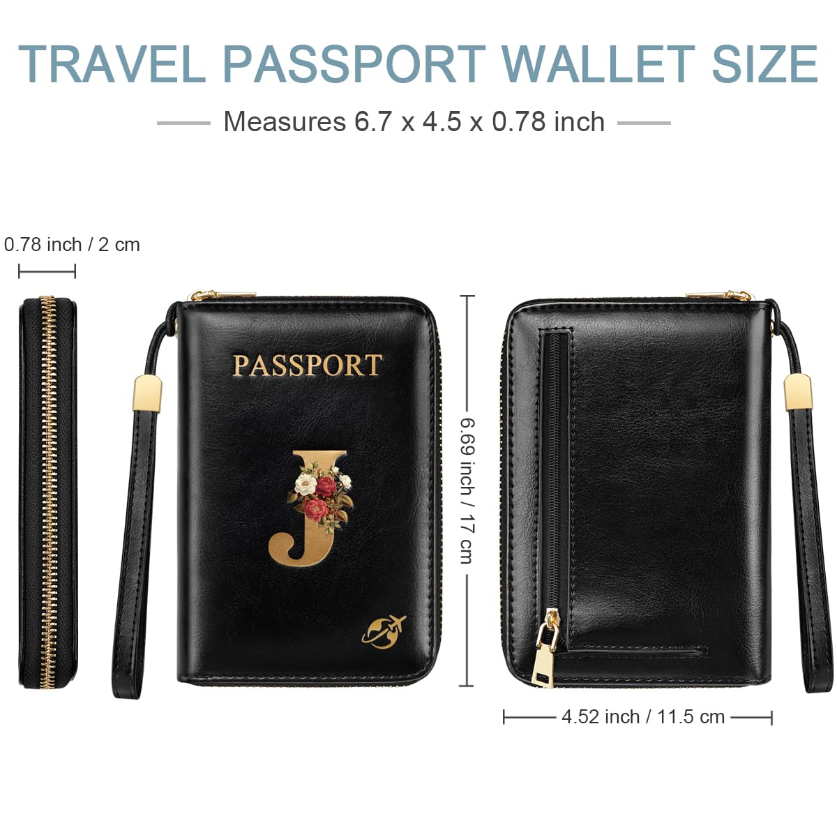 Passport Holder Cover Wallet with Zipper Personalized Initial Letter J Rose Flower RFID Blocking Travel Wallets Credit Cards Holder for Women, Gift for Wife and Girlfriend,J