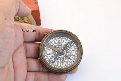 Royalmart Engraved Compass Gift for Men Personalized with Wooden Box Handmade Antique Brass Compass Keepsake Gifts for Husband Navigation Graduation Gift for Women (to My Husband #8)