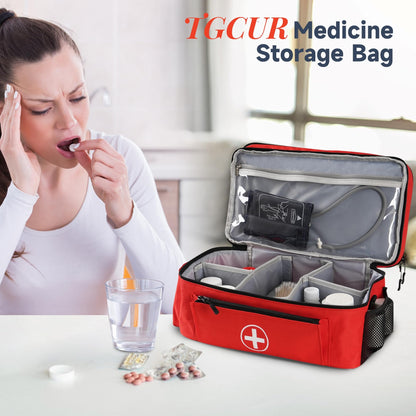 TGCUR Medicine Organizer and Storage Bag Empty, Family First Aid Box, Pill Bottle Organizer Bag for Emergency Medication, Supplements or Medical Kits, Zippered Medicine Bag for Home and Travel (Red)