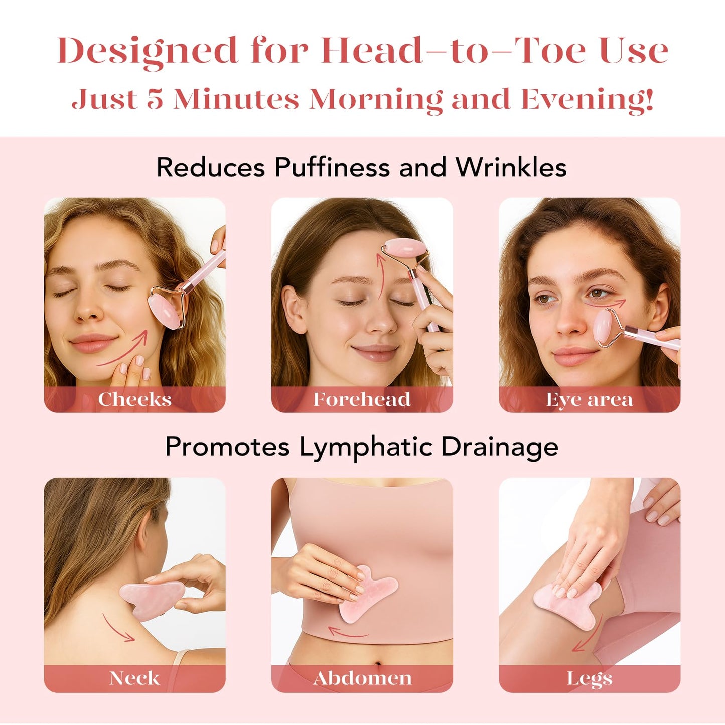 BAIMEI IcyMe Jade Roller & Gua Sha, Face Roller Redness Reducing Skin Care Tools, Self Care for Men Women, Massager for Face, Eyes, Neck, Relieve Fine Lines and Wrinkles - Rose Quartz