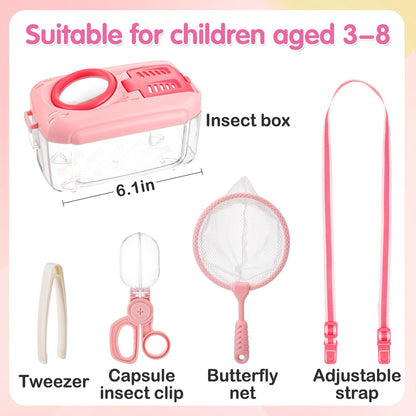 Biubee Bug Catcher for Kids - Sturdy Bugs Catching Kit Gifts with Butterfly Net Collector Insect Catcher Tweezer, Pink Bug Habitat Outdoor Explorer Kit for Girls Age 3 4 5 6 7 8