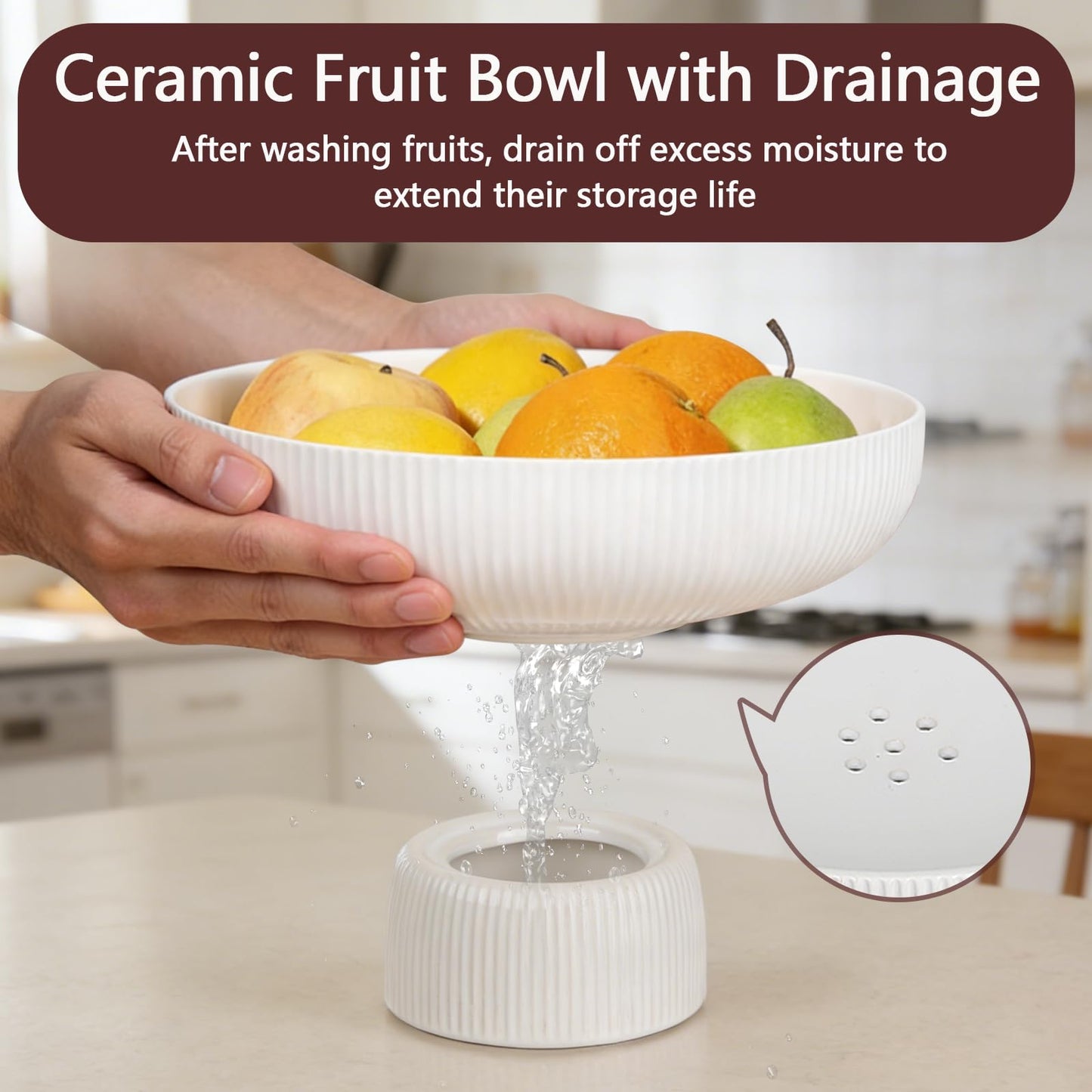 FAAYUCK Ceramic Fruit Bowl, 10" White Fruit Bowl for Kitchen Counter with Drainage Hole, Removable Pedestal Fruit Bowl with Non-Slip Pad, Large Decorative Fruit Bowl for Fruit, Vegetable, Salad, Snack