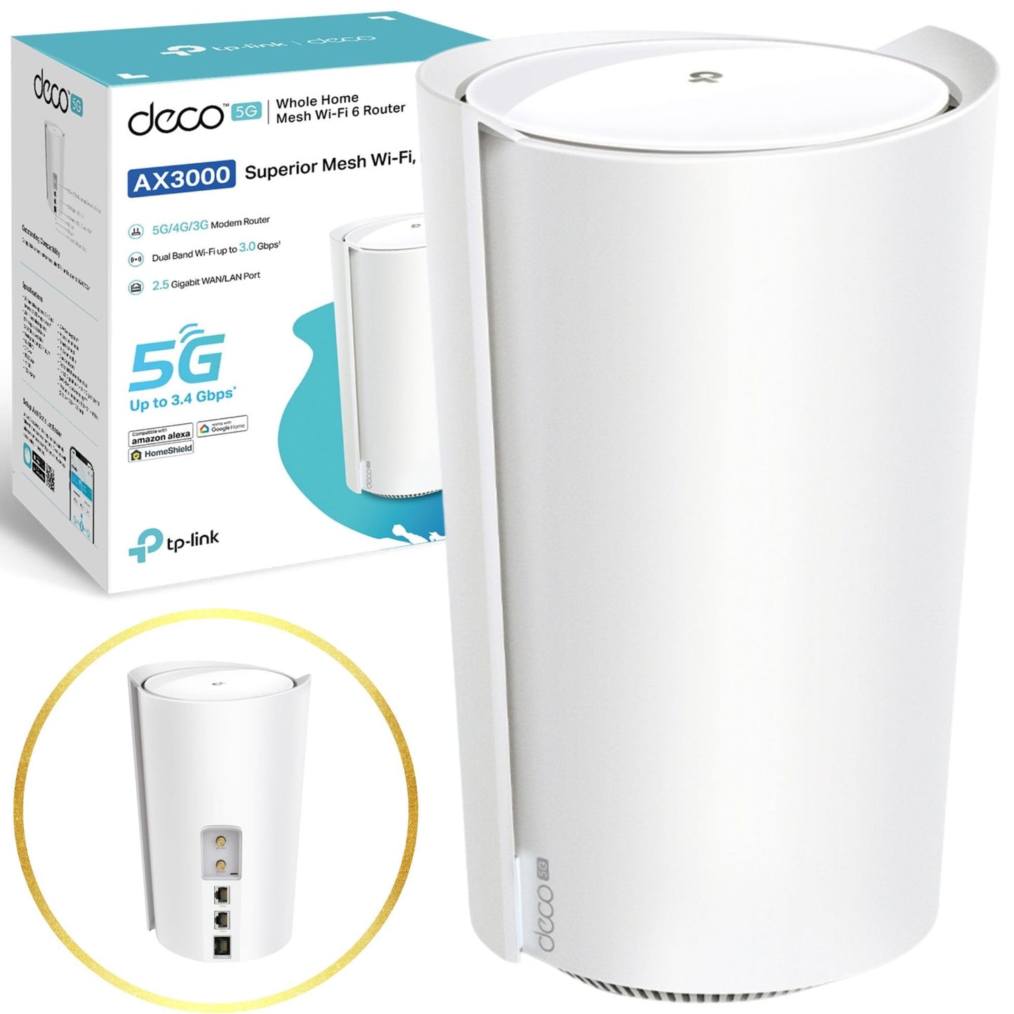 TP-Link Deco X50-5G AX3000Mbps Whole Home Wi-Fi 6 5G Router With Sim Slot, 5G/4G+Cat 6 Mesh WiFi Router, 2.5G Port For Ultra-Fast Speed, 230 m2 Seamless Coverage, Works with Alexa, HomeShield