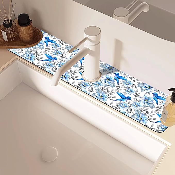 Kitchen Sink Splash Guard Faucet Mat Blue Floral and Hummingbird Absorbent Fast