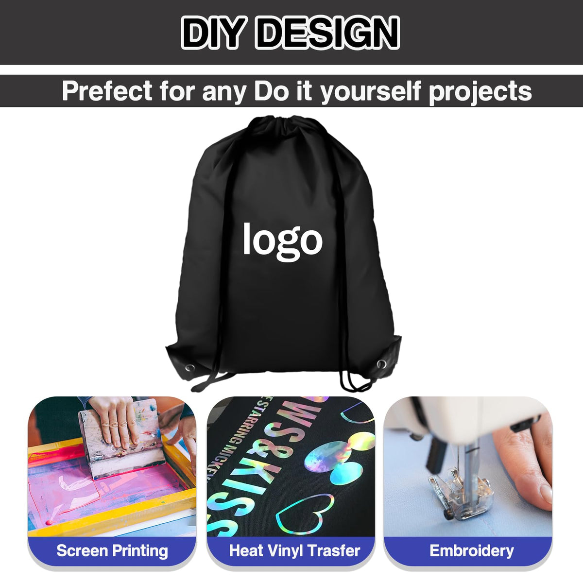 COIDEA 6Pcs Drawstring Backpacks, Medium, Black, Sports, Gym, Travel, Swimming, Beach (CBT6809-HSCSBB-X6)