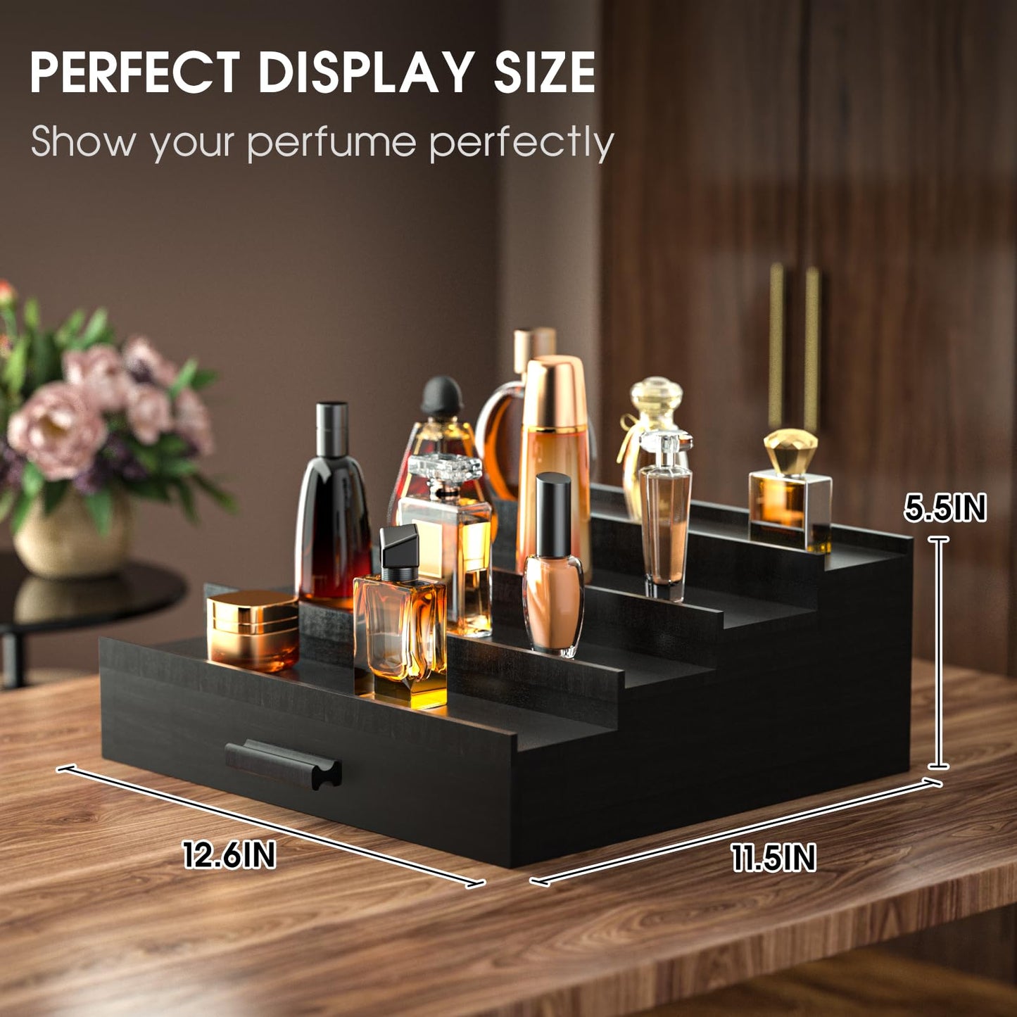 Sephyroth Cologne Organizer for Men 4 Tier of Elevated Cologne Display Shelf with Drawer Storage Perfume Organization and Storage Display Risers,Great Gift for Man(4Tier-Black)