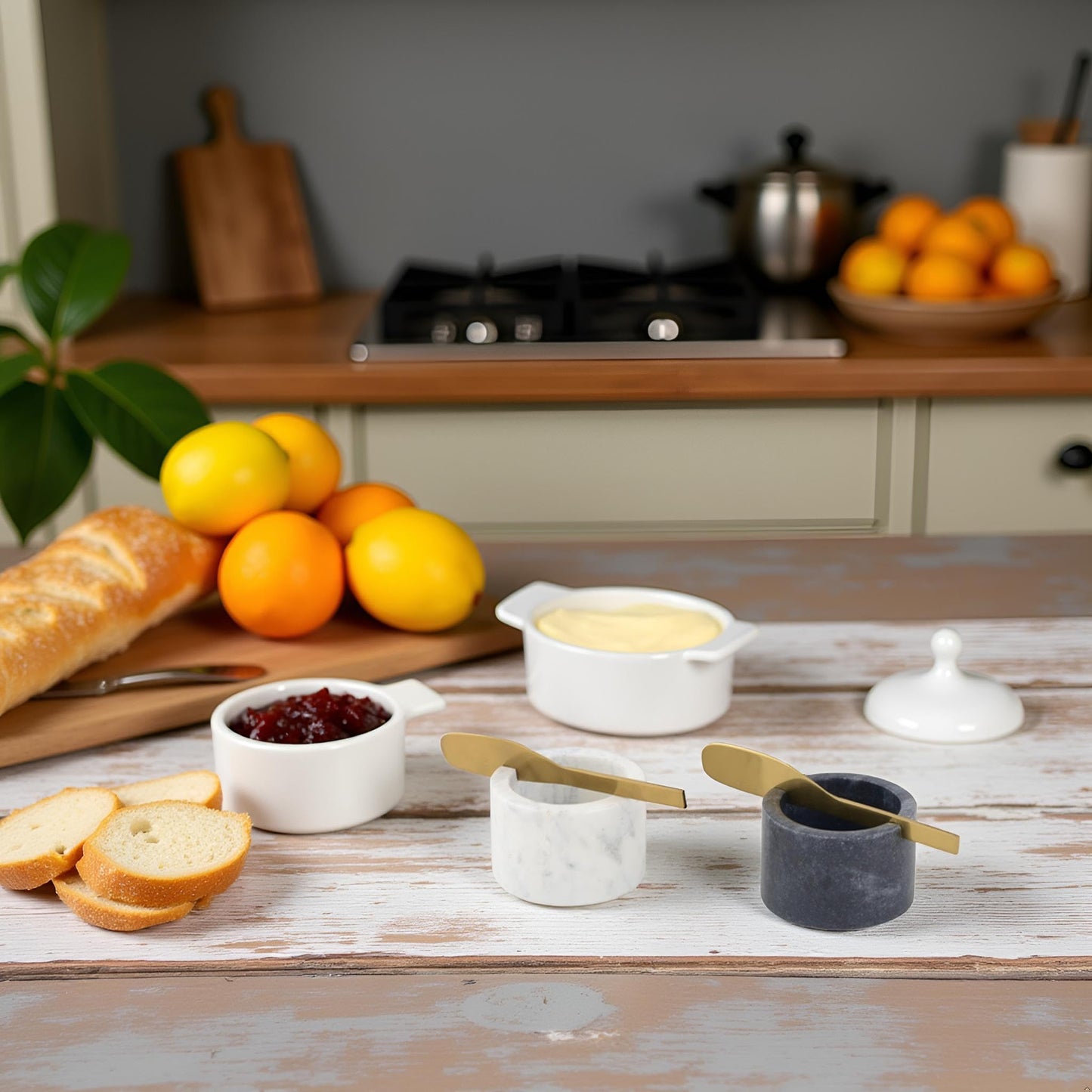 Cruiser’s Caché | Butter and Jam Serving Crocks with Gold Knifes | One each White and Gray Marble | For Serving Butter, Jams, Condiments, and Spreads