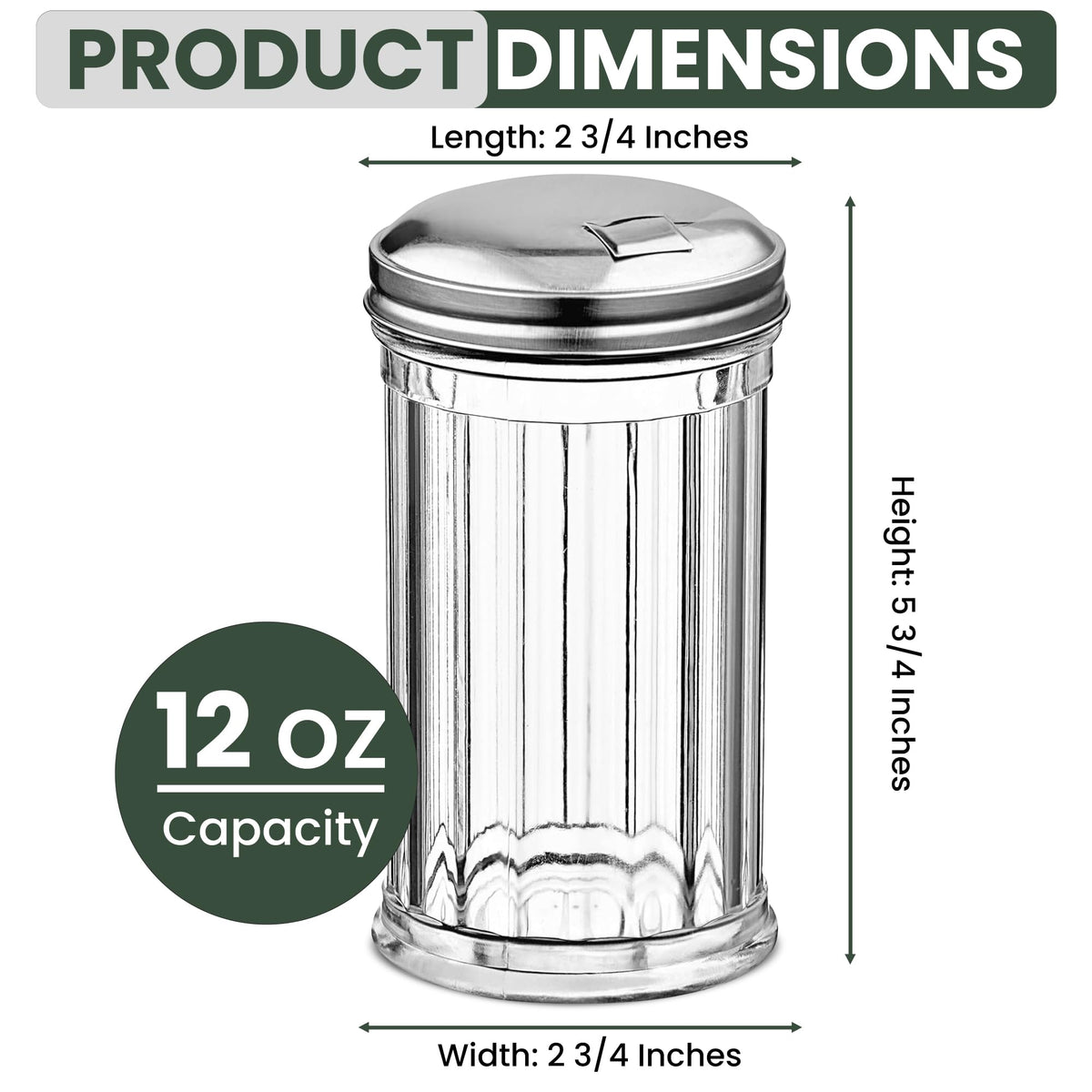 Great Credentials Retro Style Sugar Dispenser Pourer Shaker, Glass Jar with Stainless Steel Flap Lid, 12 oz, Set of 2