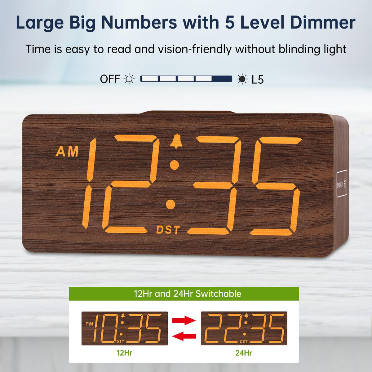 DreamSky Wooden Digital Alarm Clock with Wireless Charging for Bedroom