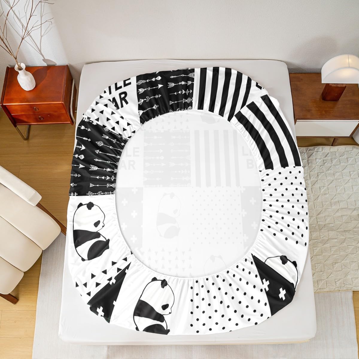 Cute Panda Kids Fitted Sheet Queen Size,Wild Animals Geometric Grids Stripes Patchwork Bedding Set,Boys Girls Adults Room Decor,Arrows Boho Bed Cover,Black White Bed Sheet,2 Pillowcases