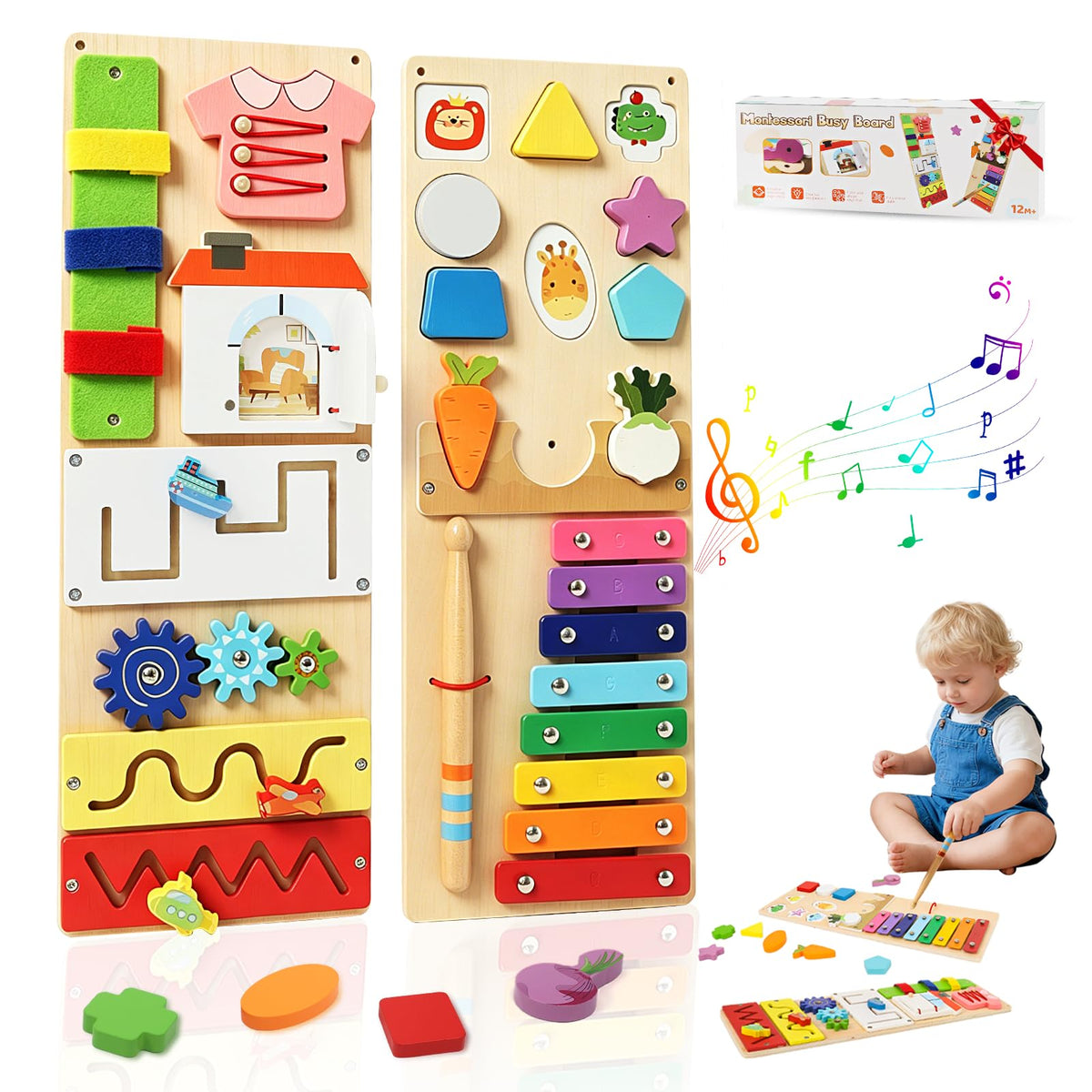 Montessori Busy Board for 1 Year Old, 2 Pcs Wooden Sensory Toys for Toddlers 1-3, Preschool Learning Activities Game for Fine Motor Skills, Birthday Easter Gifts for 1 2 3 4 Years Old Baby Boys Girls