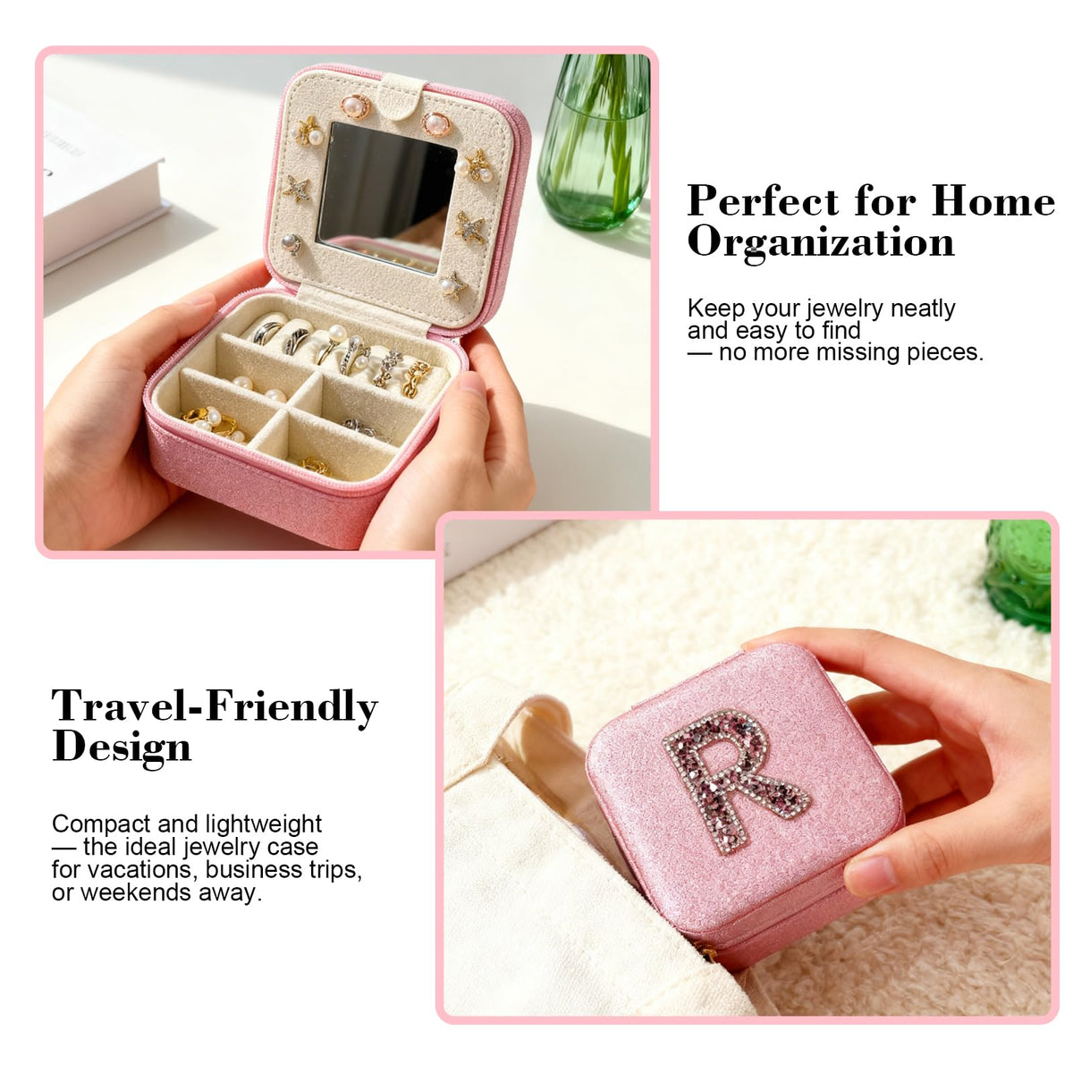 Zyvora Travel jewelry case Travel jewelry box Travel Jewelry Organizer Small box Gift for Girls Women with Mirror (Pink + R)