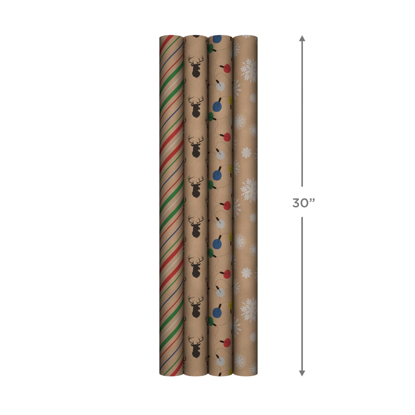 Hallmark Recyclable Christmas Wrapping Paper for Kids with Cut Lines on Reverse (4 Rolls: 88 sq. ft. ttl) Kraft Brown with Christmas Lights, Deer, Snowflakes, Red, Green, Blue Stripes (0005JXW1212)