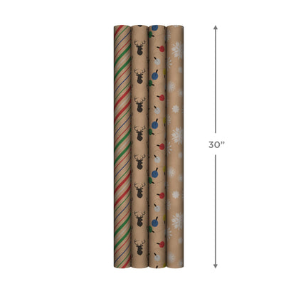 Hallmark Recyclable Christmas Wrapping Paper for Kids with Cut Lines on Reverse (4 Rolls: 88 sq. ft. ttl) Kraft Brown with Christmas Lights, Deer, Snowflakes, Red, Green, Blue Stripes (0005JXW1212)