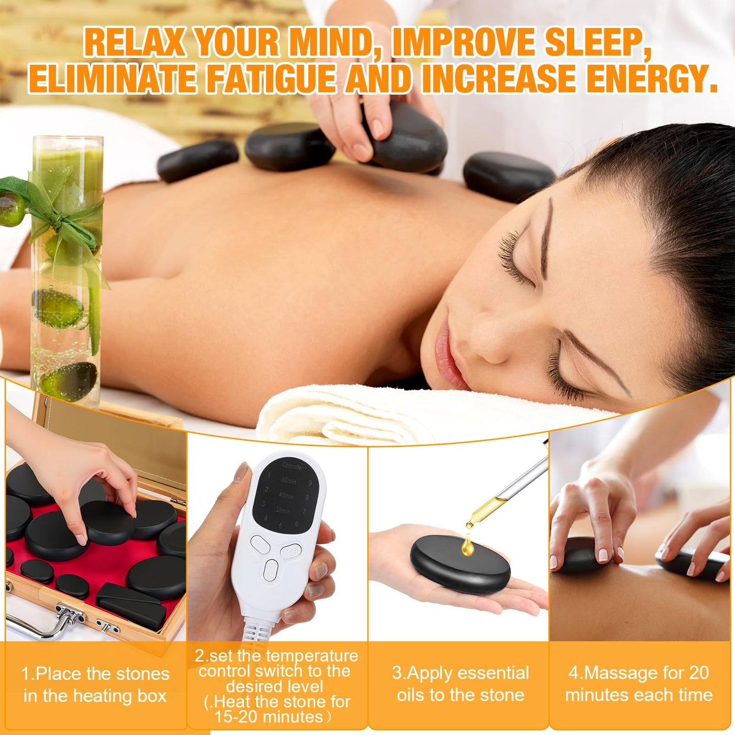 Yunsailing 18 Pcs Hot Stones Massage Set with Electric Heater Box 110v Basalt Massage Rock Kit for Professional Home Spa Warming Relaxing Relief, Constant 50°c (122°f)(Adjustable Temperature Wood Box)