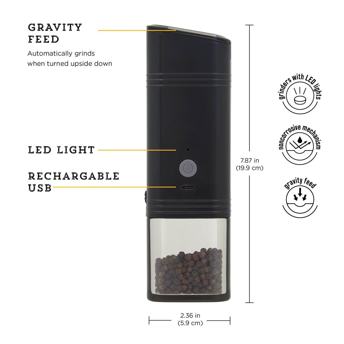 Kamenstein USB Rechargeable Gravity Feed Grinder, Filled With Peppercorns, Black