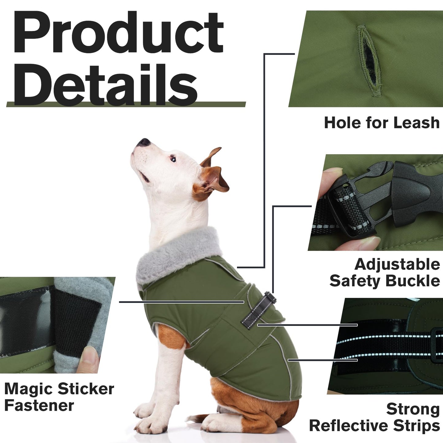 Lelepet Warm Coats and Jackets for Dogs, Waterproof Winter Dog Coat for Cold Weather, Reflective Dog Puffer Jacket, Fleece Lining Pet Coat with Harness Hole for Large Dogs, ArmyGreen XL