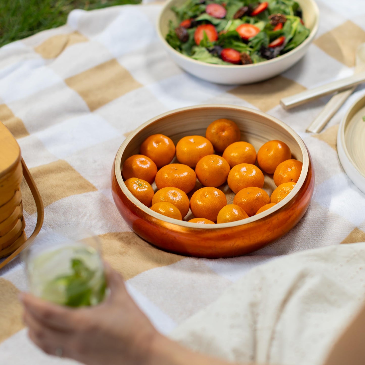 LEXA 12" Handmade Copper Bamboo Wooden Fruit Bowl for Kitchen Counter - 130 oz Lightweight Large Bamboo Wood Salad Bowl