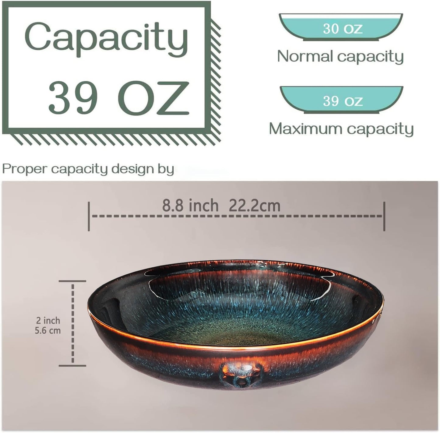 jinsongdafa 39 oz Ceramic Bowl Set, Salad Bowl, Pasta Bowl, Serving Bowl, Dinner Bowl, Deep/Wide Plate, Microwave, Oven and Dishwasher Safe, Modern Porcelain Dinnerware 8.8 Inch