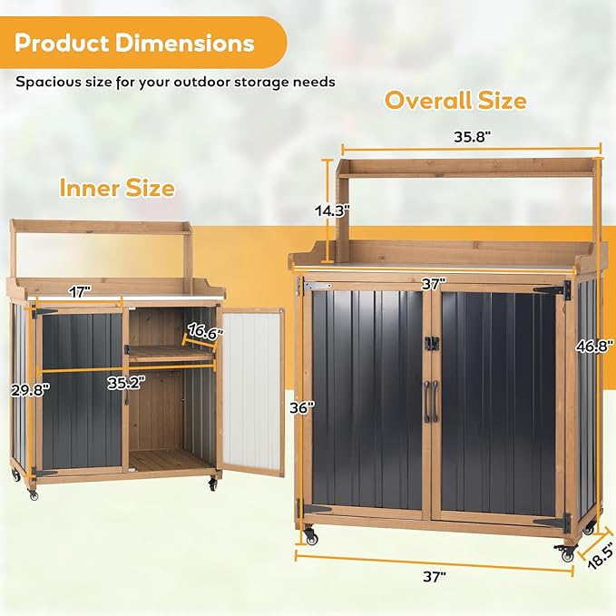 Potting Bench Table & Outdoor Storage Cabinet with Lockable Wheels, Adjustable Shelves, Mobile Waterproof Metal Top Workstation for Garden Patio BBQ Organization, Magnetic Latch & Edge Guard