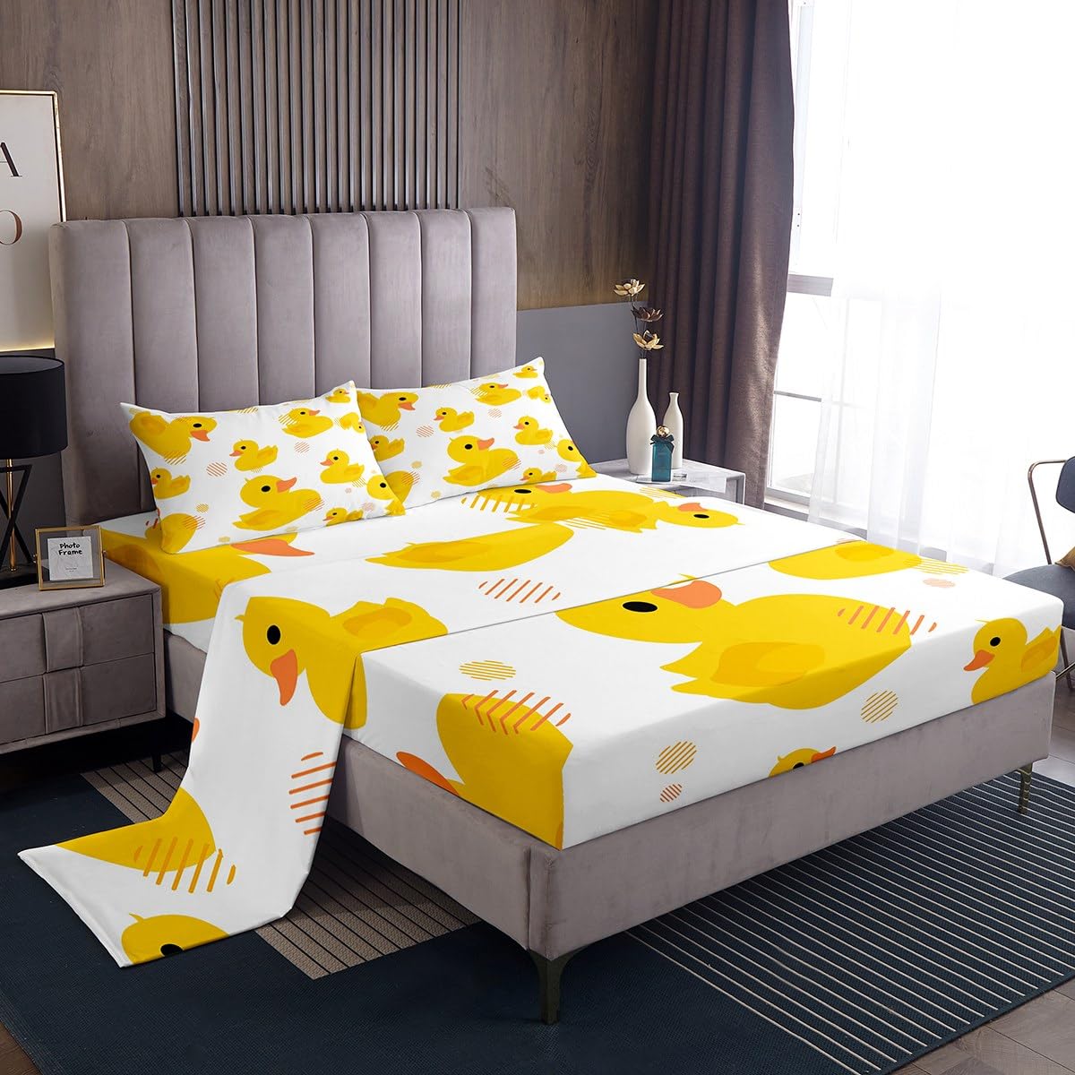 Erosebridal Cartoon Duck Sheets Set Kawaii Yellow Duck Bedding Set - Full Size Farmhouse Animal Fitted Sheet + Top Sheet + 2 Pillowcases