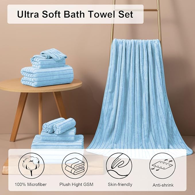 4 Piece Blue Cabana Stripe Large Bath Towels 35"x70" Oversized Bath Sheet Super
