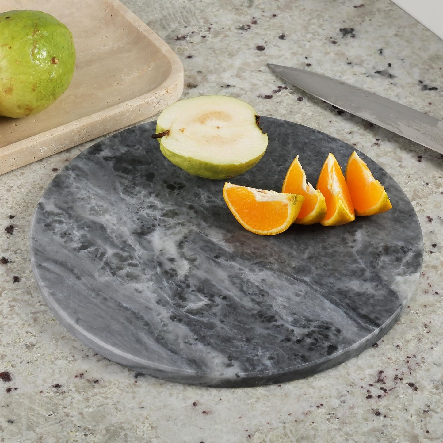 Koville Brazilian Natural Marble Cutting Board for Kitchen, 11inch Round Hand Crafted Marble Slab for Cheese, Charcuterie, Pastry Board - Wedding Gift, House Warming Gift(Rhino Grey)
